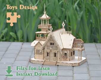 May include: A wooden model kit of a detailed, intricately designed house with a tower. The model is made of laser-cut wood and is ready to be assembled. The kit includes all the pieces needed to build the house, as well as instructions. "Files for Laser Instant Download" is written on the bottom of the image.