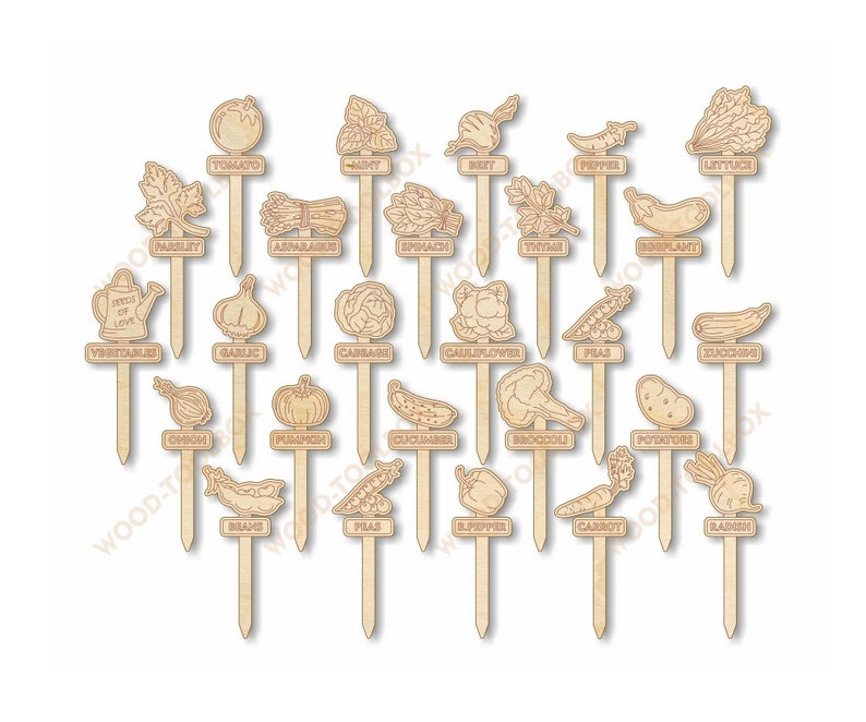 May include: A collection of wooden garden markers, each featuring a different vegetable or herb. The markers are light brown and include labels such as "Tomato," "Lettuce," and "Garlic." The design is simple and rustic, perfect for a home garden.
