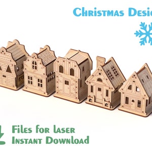 Wooden Mini House SVG Bundle | 3D Holiday Village | Laser Cut Christmas Decor Files | DIY Ornament Set |  Christmas Village Laser Cut Files