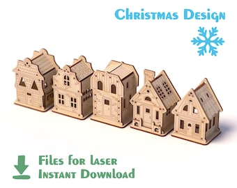 Wooden Mini House SVG Bundle | 3D Holiday Village | Laser Cut Christmas Decor Files | DIY Ornament Set |  Christmas Village Laser Cut Files