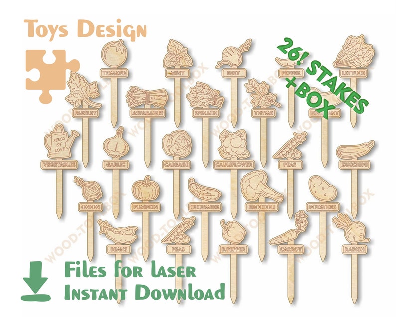 Gartenstecker svg dxf Dekorative Laserdateien für Glowforge. Pflanzen, Kräuter und Gemüse-Gartenstecker-Label. Bild 1