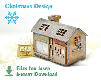 Coffeshop - Little Christmas House - Laser files, Wooden Christmas Village - Illuminated house / vector model Glowforge cut file | SVG, DXF