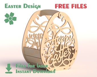 Puede incluir: Una cesta de madera en forma de huevo de Pascua con un diseño recortado y las palabras "Feliz Pascua" en la parte delantera. La cesta tiene un asa y una base rectangular.