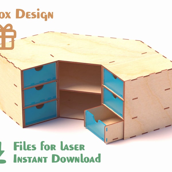 Basis Organizer box - 6 Wood pull out Corner drawers - Digital laser files - SVG DXF CDR files for cnc router - laser cut vector