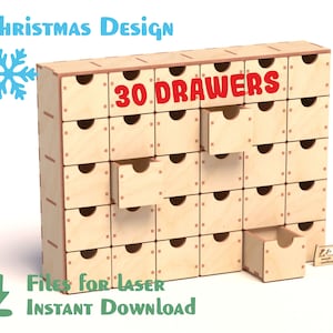 Calendrier de l'Avent de Noël - 30 tiroirs - Fichiers laser - Vierge pour le calendrier de l'Avent de Noël - Gabarits CNC