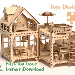Doll House and Furniture –  Laser cut files SVG, PDF, CDR Digital product. Wooden house for dolls