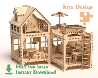 Doll House and Furniture –  Laser cut files SVG, PDF, CDR Digital product. Wooden house for dolls