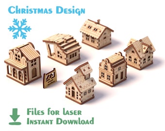 Little Christmas Houses ver2 (6 pieces) – Laser files, Wooden Christmas village. Template for CNC. CDR, DXF etc.