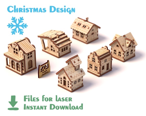 Miniature Christmas Village Houses | Laser Cut Wood SVG Bundle | DIY Winter Scene Decor | Digital Files for Laser Cutting