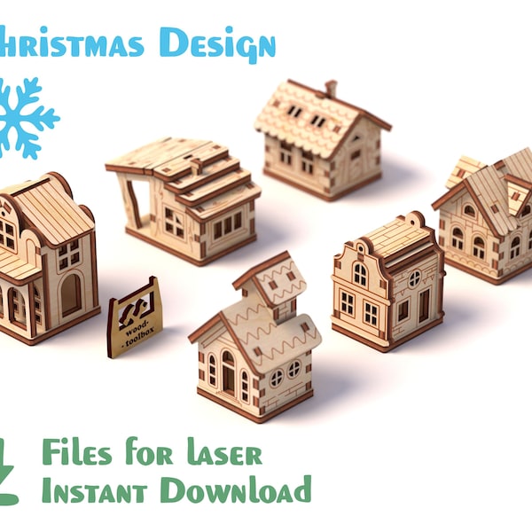 Little Christmas Houses ver2 (6 pieces) – Laser files, Wooden Christmas village. Template for CNC. CDR, DXF etc.