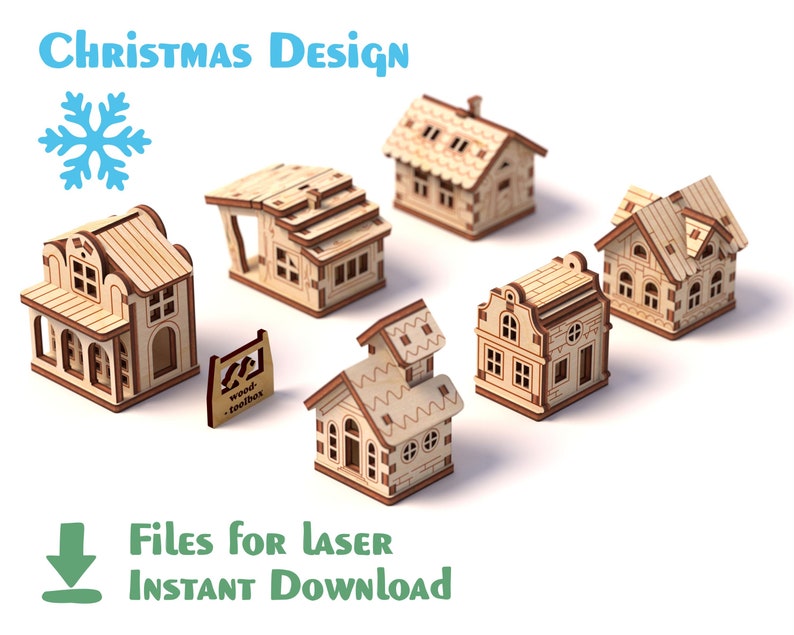 May include: Six laser cut wooden Christmas house designs. The houses are in various styles and sizes. The text "Files for Laser Instant Download" is at the bottom of the image.