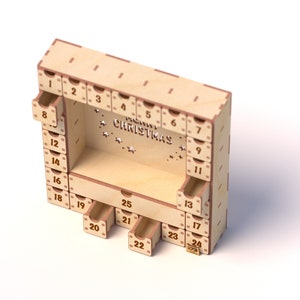 May include: A wooden advent calendar with 24 drawers, each with a number from 1 to 24. The calendar is decorated with the words "Merry Christmas" and stars.