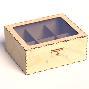 May include: A wooden box with a clear lid and a latch. The box has six compartments inside and is made of light wood with a brown border.