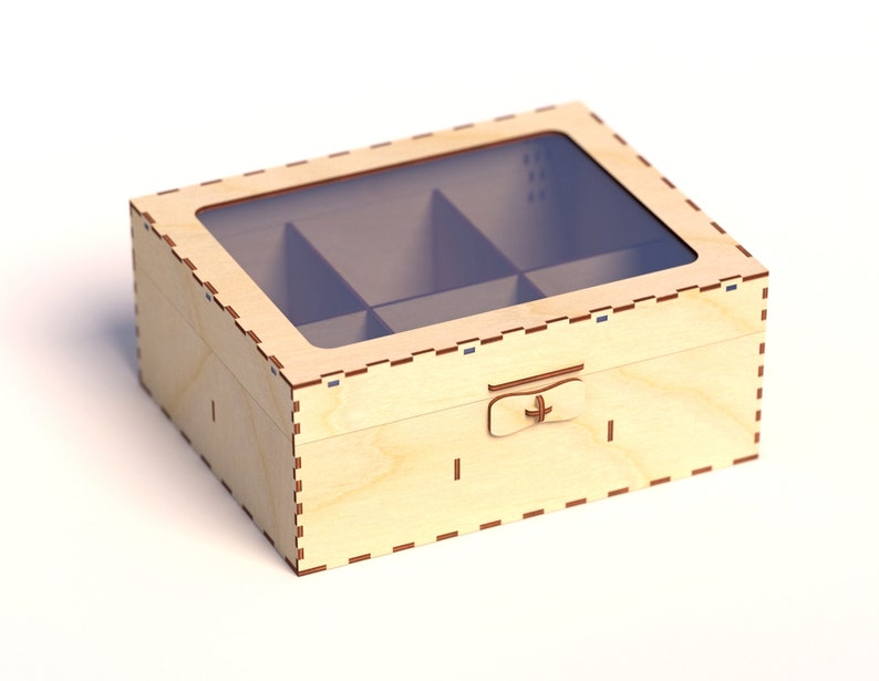 May include: A wooden box with a clear lid and a latch. The box has six compartments inside and is made of light wood with a brown border.