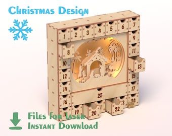 Kerststal Adventskalender - laserbestanden, Ontwerp voor CNC-lasermachines, Kerstcoundown voor kinderen