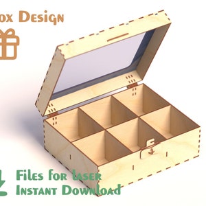 May include: A wooden box with a clear lid and six compartments. The box is open and the lid is propped up. The box has a latch on the front. The text "Files for Laser Instant Download" is on the bottom of the image.