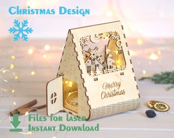 Casa de faroles navideños SVG / Archivo de corte láser 3D con escena navideña / Casa navideña en forma de A cortada con láser 3D / Escena navideña iluminada
