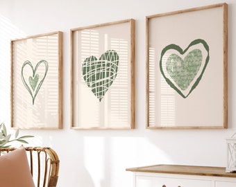 Salbei grünes Herz Wanddrucke, Salbei grünes Wanddekor, Liebesherz Drucke, Salbei grünes Schlafzimmer Dekor, Salbei grüne Wandkunst, Grünes Wohndekor