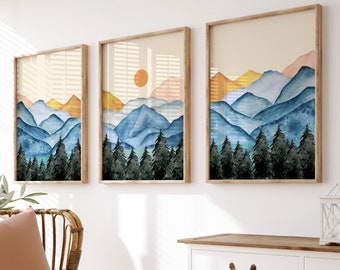 Boho Mountain Watercolor Art Prints: Set of 3 Landscape Wall Decor