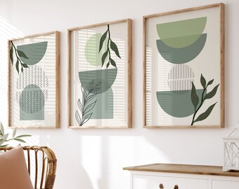 Boho Art Prints Salbeigrün: Geometrische Blätter, 3er-Set