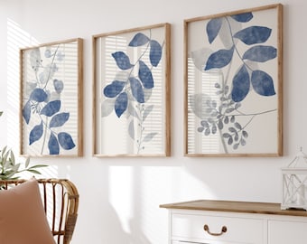 Blue Botanical Wall Prints: Set of 3 Floral Line Art