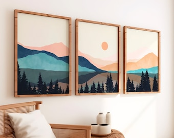 Mountain Wall Prints | Boho Landscape Wall Art | Living Room Decor | Set of 3 Mountain Prints | Boho Home Decor | Watercolour Art
