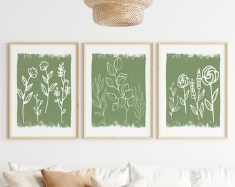 Saliegroene bloemen kunst aan de muur | Botanische set van 3"