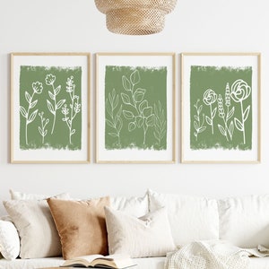 Set of 3 Floral Green Wall Prints | Green Botanical Prints | Living Room Art | Green Botanical Artwork |  Green Wall Prints | Boho Wall Art