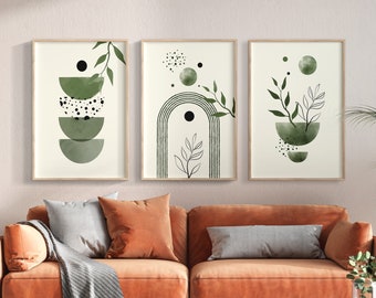 Stampe artistiche da parete Boho verde salvia: set botanico astratto