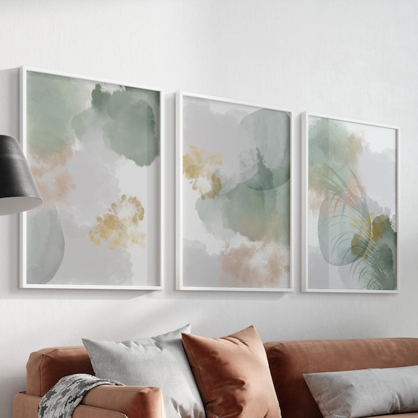 3-delige kunst aan de muur | Saliegroen decor | Serene abstracte betaalbare downloadbare kunstwerken