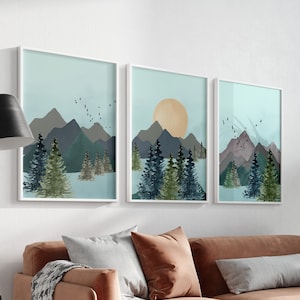 Set of 3 Boho Mountain Wall Prints | Blue Wall Prints | Boho Wall art | Boho Home Decor | Living Room Decor | Lounge Decor | Blue Home Decor