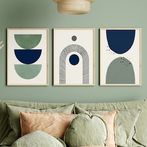 Set mit 3 blauen und grünen Wanddrucken | Botanische Drucke | Wohnzimmerkunst | Boho Botanisches Kunstwerk | Salbeigrüne Wanddrucke | Boho-Wandkunst