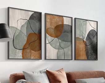 Abstract Art Prints: Boho Decor, Rust Blue Grey, Set of 3