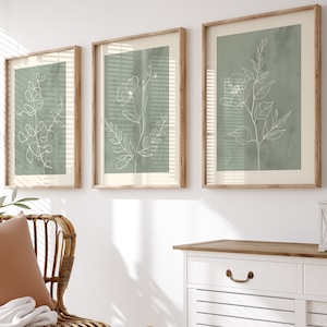 Láminas de pared botánicas en verde salvia: juego de 3, decoración natural