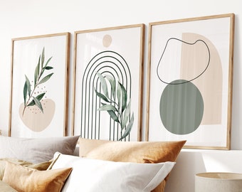 Saliegroene botanische kunstafdrukken | Set van 3 boho-muurdecoraties