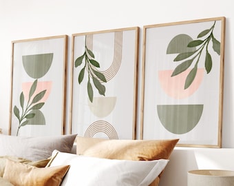 Salbeigrüne Wanddrucke | Set mit 3 grünen Wanddrucken | Boho-Wohnkultur | Boho Botanisches Kunstwerk | Wohnzimmer-Dekor | Salbeigrünes Dekor