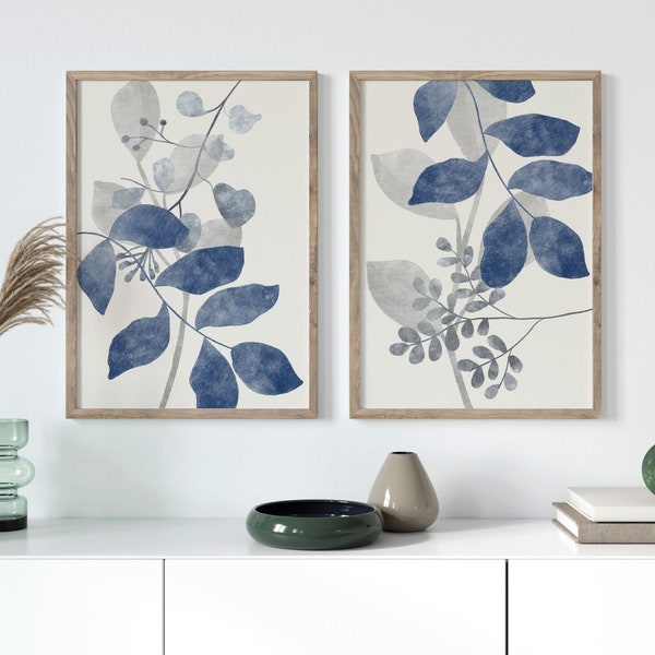Set of 2 Blue Flower Wall Prints | Blue Botanical Prints | Home Decor | Navy Artwork | Blue Plant Wall Art | Modern Art