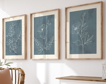 Blue Abstract Botanical Prints, Modern Floral Wall Art, Set of 3 - Etsy