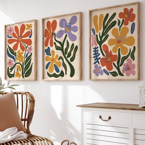 Boho Abstrakte Blumen Druck 3er Set, Botanische Wanddrucke, Floral Wandkunst, Vintage Kunstdruck, Boho Wandkunst, Blumenmarkt Poster