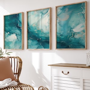 Lot de 3 impressions murales en marbre bleu sarcelle et argent - oeuvre d'art murale bleue pour chambre à coucher - décoration de salon sarcelle - collection d'affiches abstraites modernes