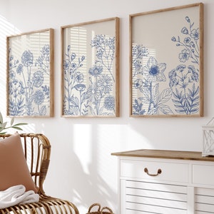 Blue Floral Botanical Print Set: Chinoiserie Wall Art