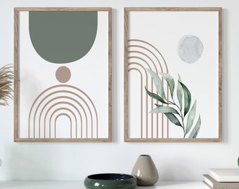 Salbeigrüne botanische Wandbilder | Boho Home Decor, 2-er Set