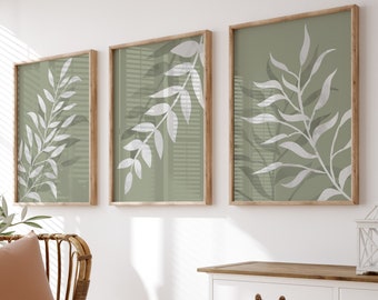 Groene botanische muurkunstprints: abstracte bladset van 3