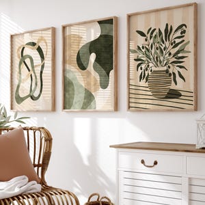 Botanical Abstract Art Prints: Green & Beige Minimalist Decor, Set of 3
