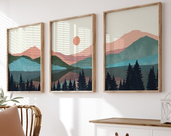 Boho Mountain Landscape Print Set: Watercolor Wall Art