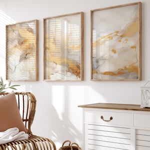 Beige Marble Wall Art Prints: Gold Accent Set of 3