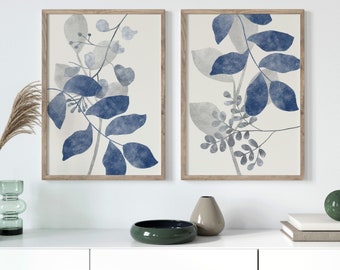 Lot de 2 impressions murales fleurs bleues | Impressions botaniques bleues | Décoration d'intérieur | Oeuvre d'art bleu marine | Art mural végétal bleu | Art moderne