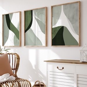 Set van 3 abstracte kunstafdrukken aan de muur | Groen abstract decor | Woonkamer kunst aan de muur | Groene muurkunst | Muurkunstset | Salie groene muur kunst