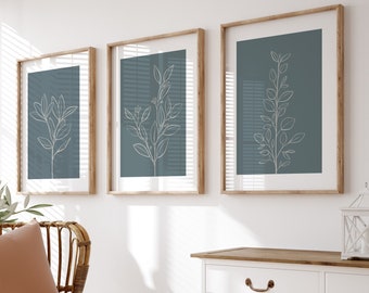 Blue Botanical Line Art Prints | Set of 3