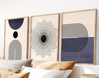 Set of 3 Geometric Shapes Wall Art Prints - Modern Mid Century, Blue ...